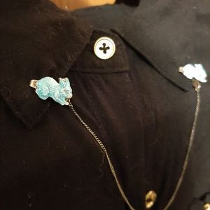 Blue Bunny Enamel & Silver Collar Clips with Chain